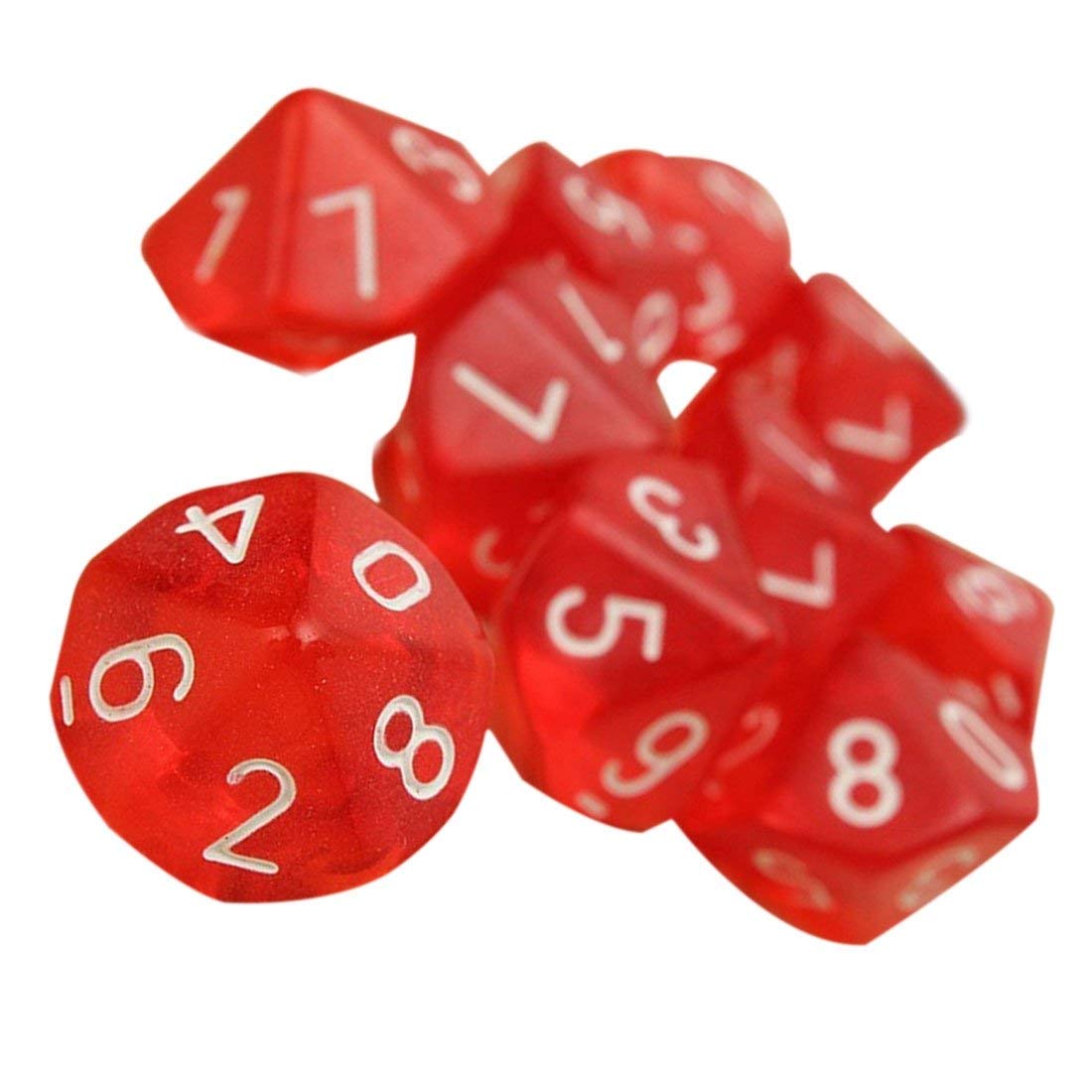 Febbya Dice Set, 10 Pack Acrylic D10 Polyhedral Dice for DND MTG RPG Games, Red