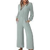 Dokotoo Women's Casual Jumpsuits Loose Long Sleeves Overalls One Piece Button Wide Leg Pant Rompers With Pockets
