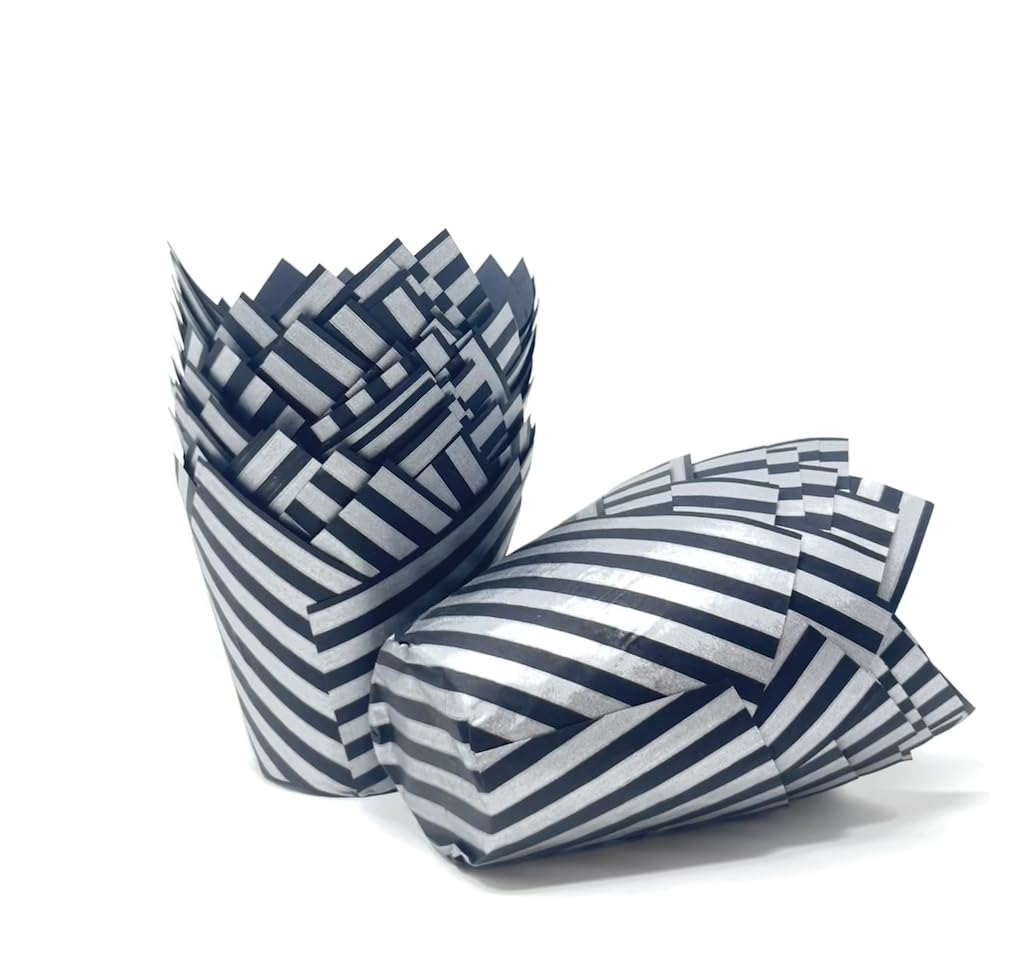 Bakery Direct Black with Silver Stripe Muffin Tulip Wraps Cupcake Cases Baking Wraps (200)