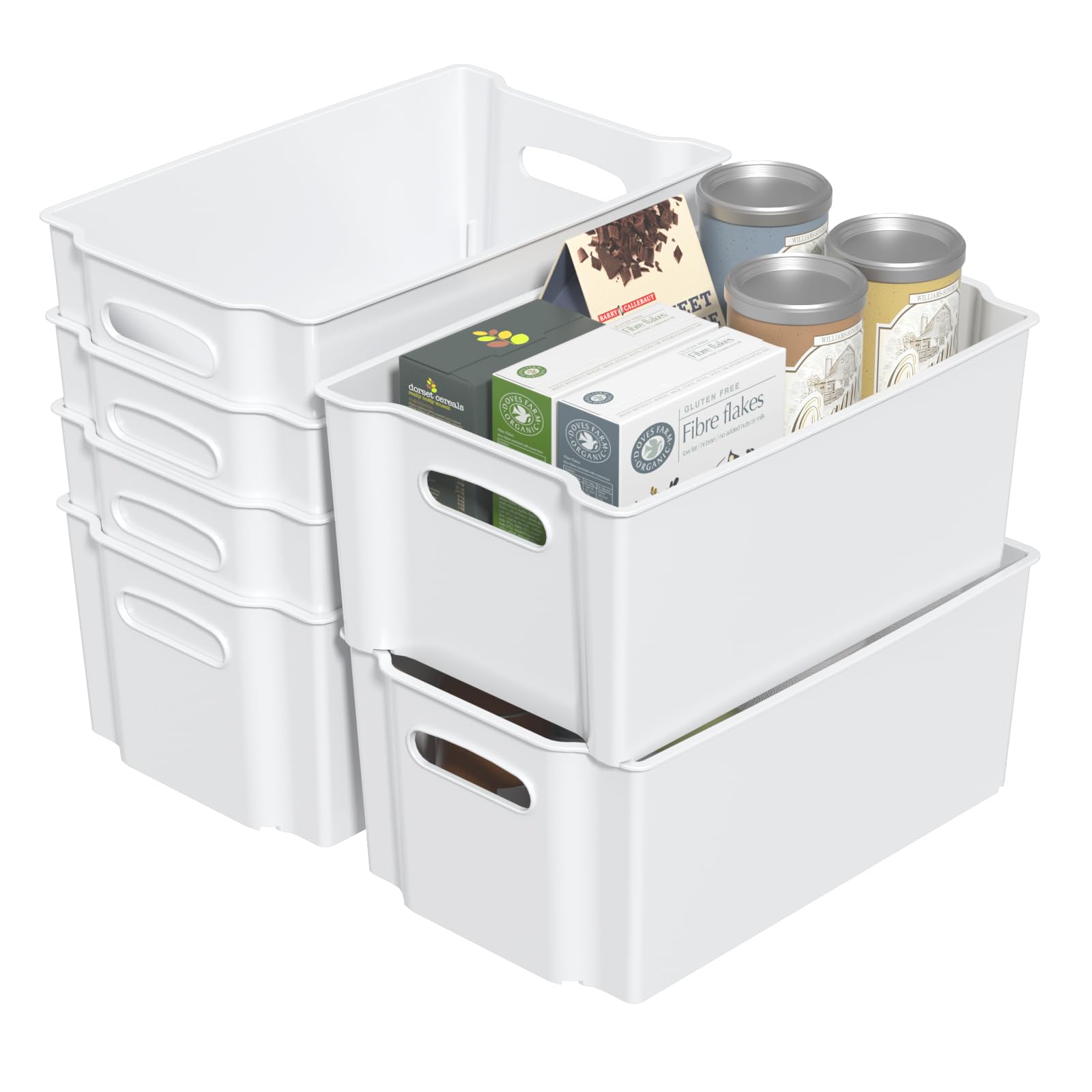 Qqbine Plastic Stackable Open Storage Boxes, Plastic Storage Baskets for Freezer, White, 6 Packs