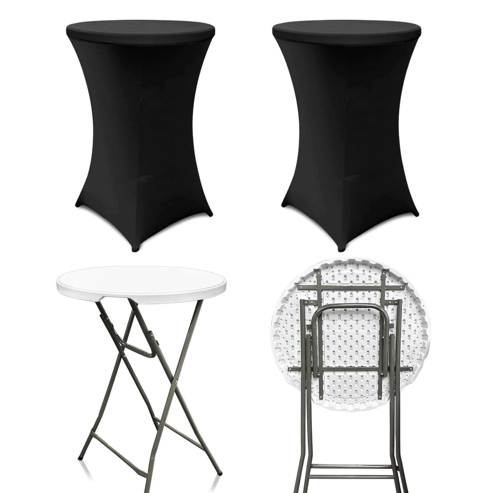 Photo 1 of Ayearparty 2 Sets 32in High Top Round Folding Cocktail Table Indoor Outdoor Parties BBQs Weddings Events White Bar Height Tables with 32"x43" Spandex Stretch Black Table Covers