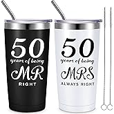 Cunhill 2 Pcs Mr. Right Mrs. Always Right Travel Tumbler Set 20 oz Wedding Engagement Anniversary Travel Mug for Husband Wife Newlywed Couples Bride Groom Anniversary(50th Tumbler)