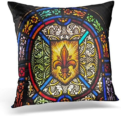 Kjalioeig-Throw Cushion Pillow Covers Blue Chapel Stained Glass Window With Fleur De Lis Symbol Green Church Light Comfortable Material Size: 16x16 Inch