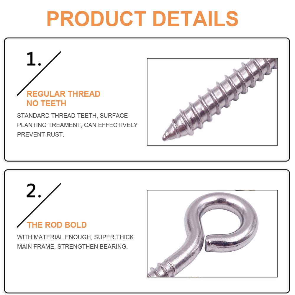 304 Stainless Steel Eye Shape Screws Metal Hook, Heavy Duty Hanging Hooks Eyelet Screws Bolt for Yoga & Brazilian Hammocks - Image 5