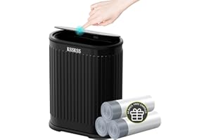 KSSKSS 1.8 Gallons Small Stainless Steel Trash Can with Press Type Lid, Slim Bathroom Garbage Bin, Removable Liner Bucket, Dog Proof Narrow Wastebasket with Pop-Up Lid for Bedroom,Toilet (Matt Black)