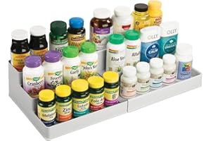 mDesign Plastic Expandable 3-Tier Shelf Rack Organizer - Storage for Bathroom Vanity, Cabinet, Cupboard, Drawer - Holds Medicine, Vitamins, Supplements, Cosmetics - Ligne Collection - Light Gray