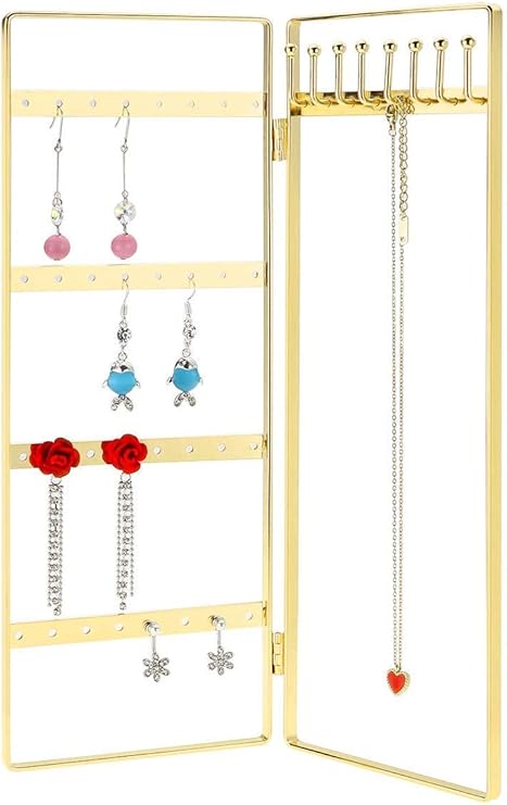 Amazon Leoriso 2 扉宝飾棚 折りたたみ式宝飾棚 金属製イヤリングネックレス収納棚 手作り 携帯宝飾陳列棚 ゴールド ジュエリー収納 オンライン通販