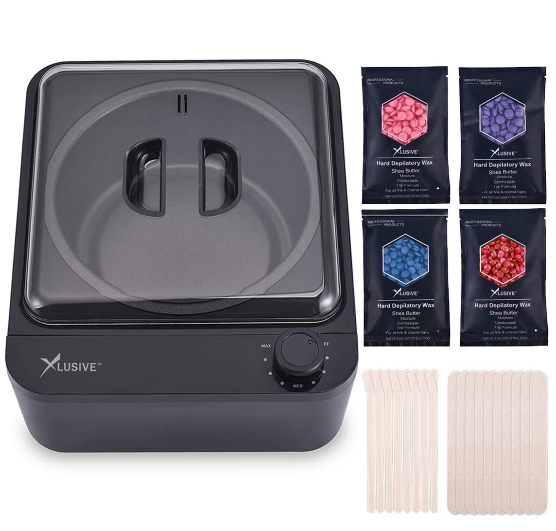 Wax Warmer Kit, XLUSIVE Hair Removal Kit with Hard Wax Beans, 20pcs Wax Applicator Sticks, Soft Wax, Home, Salon, Waxing for Women/Men, Wax Heater (Black)