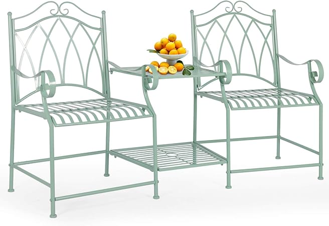 Amazon Com Lazzo 61 Patio Garden Bench Iron Frame Bistro Set 3 Piece 2 Person Outdoor Bench With Umbrella Hole Table For Porch Yard Work Entryway Living Room Mint Green Kitchen Dining
