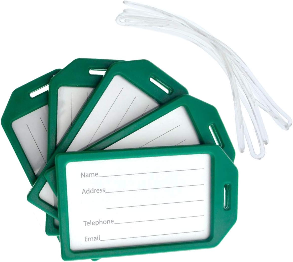  | 5 Pack - Premium Rigid Airline Luggage Tag Holders with 6" Worm Loops - Heavy Duty Hard Plastic -Suitcase ID Tag Identifiers with Business Card Insert Window by Specialist ID (Green) | Luggage Tags