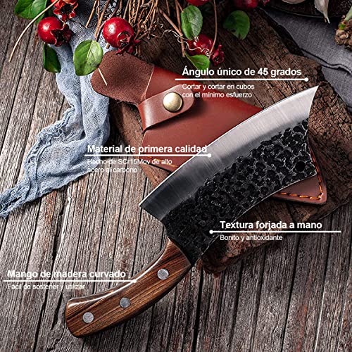 Cuchillo Vikingo martillado ,Cuchillo Carnicero Forjado A Mano Con Vaina ,Cuchillos Chef De Cocina,Acero De Alto Carbono,Aplicar Para El Hogar,Camping,Barbacoa,Restaurante, Corte De Carne.