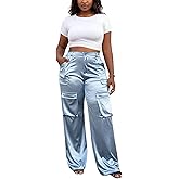 Aressdom Metallic Satin Cargo Pants for Women High Waisted Wide Leg Pants with Pockets, Dressy Going Out Concert Outfits