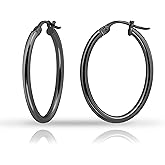 Hoops & Loops 925 Sterling Silver 2mm Oval Click-Top Hoop Earrings for Women, Men 15mm 20mm 25mm 30mm 35mm 40mm, Hypoallergenic Silver, 14k Yellow Gold, Rose Gold Flash Plate, Black