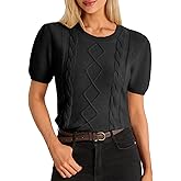 Cicy Bell Womens Puff Short Sleeve Sweater Tops Cable Knit Crew Neck 2026 Spring Shirts Lightweight Dressy Casual Sweaters