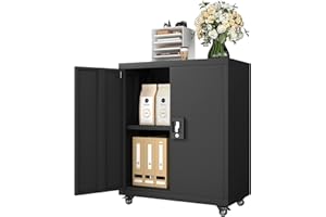 GREATMEET Metal Storage Cabinet with Locking Doors and Adjustable Shelves,31.5" H Lockable Rolling Garage Storage Cabinets with Wheels for Office,Home,Garage,Classroom Black