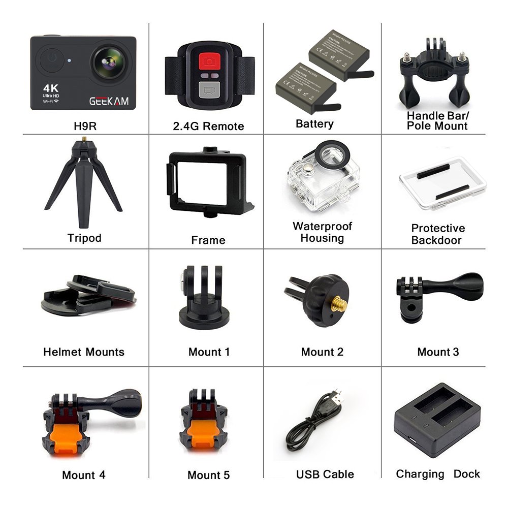 GeeKam Action Camera 4K WiFi Ultra HD Underwater 30M Waterproof 170° Wide Angle Lens Sports Camcorder with Remote Control 2 Rechargeable Batteries and Mounting Accessories Kit