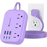 6 USB(3 USB C) Purple Travel Power Strip- 5Ft Purple Extension Cord with USB Charging Station 24W and 3 Outlets, Pink Desk Accessories for Cruise Travel Cute Kawaii Lavender Home Office Dorm Room