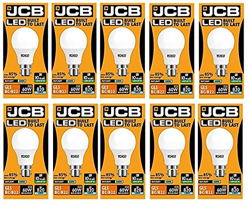 JCB LED 10 X 10 Watt Bayonet Cap GLS Lamp Daylight 6500K 60W Replacement BC B22 LED Bulb [Energy Class A+]