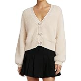 Wyeysyt Fuzzy Cardigan Sweaters for Women Bowknot Brooch V Neck Long Sleeve Soft Chunky Cropped Cardigan Outwear