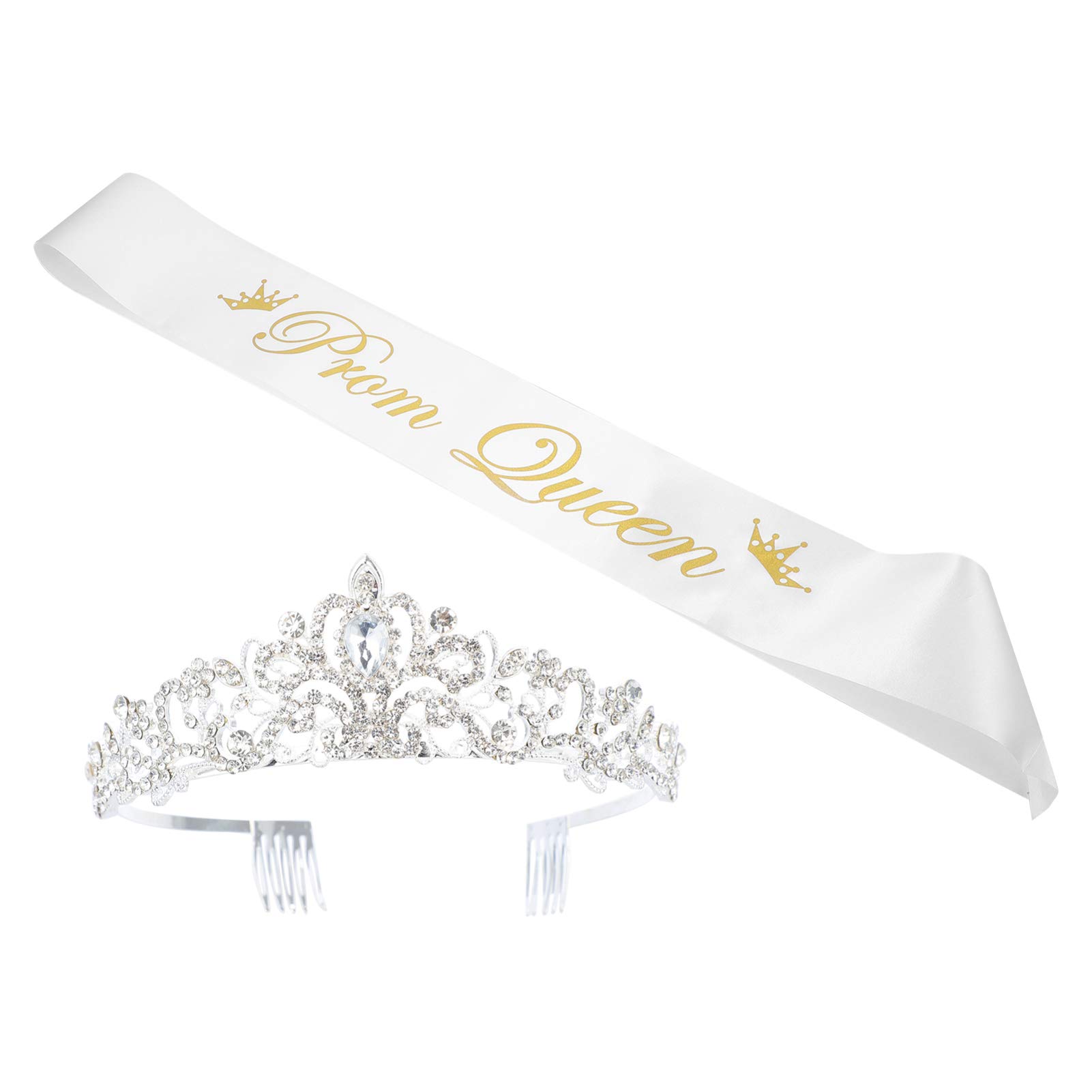 Toddmomy Prom Queen Satin Sash Graduation Wedding Crown with Comb Set Bridal Tiaras School Party Accessories Headband Jewelry Headdress for Women Girls