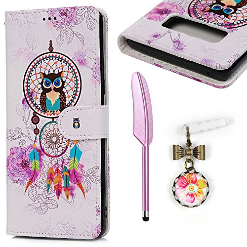 MOLLYCOOCLE Galaxy Note 8 Case, Wallet Case Lovely Cute Pattern Soft TPU Inner Bumper Wrist Strap Holster Protective Case for Samsung Galaxy Note 8 with Dust Plug & Crystal Pen, Dream Catcher Owl