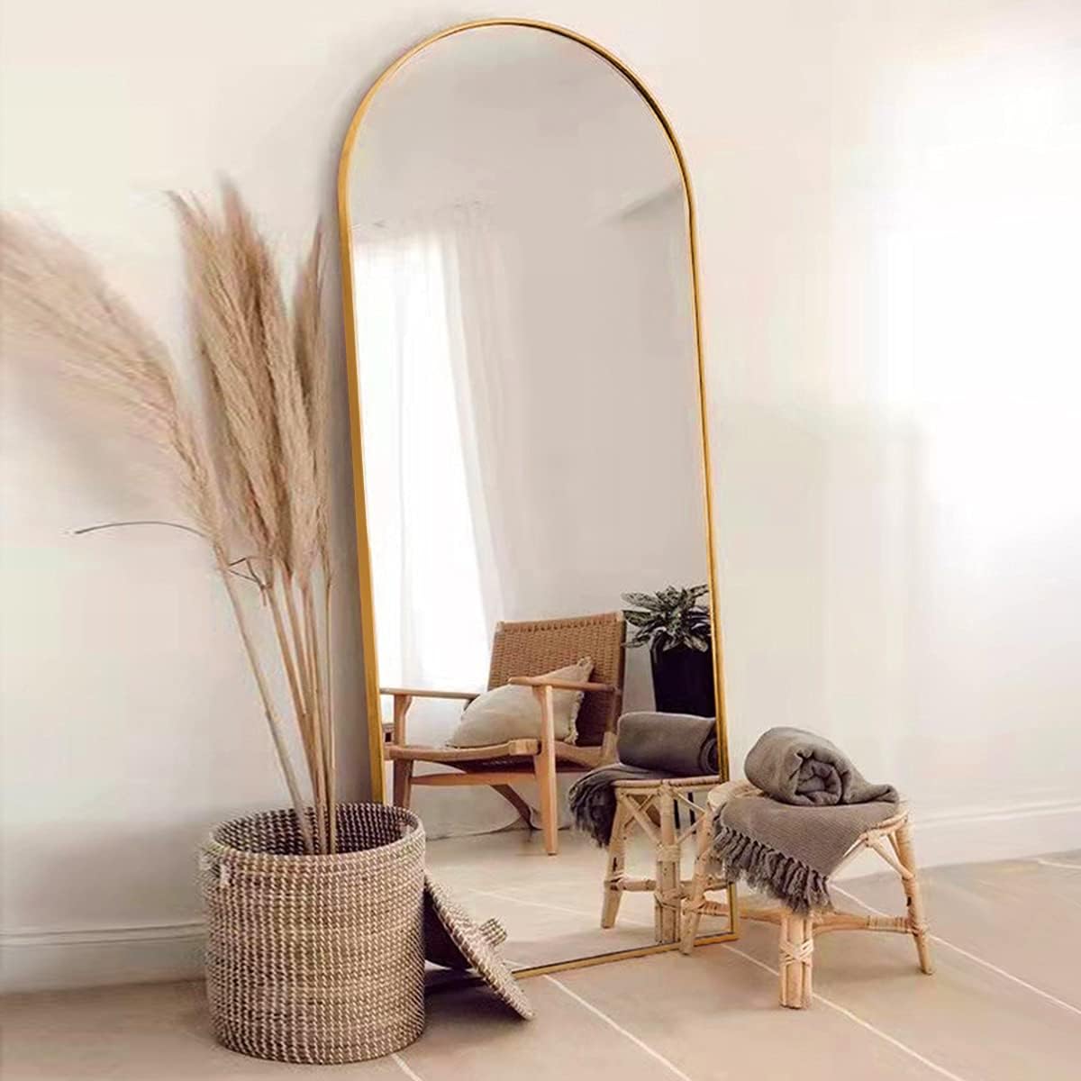 Mirrors - FVANF Floor Mirror, Arched Full Length Mirror Standing Hanging or Leaning Against Wall, Body Mirror for Bedroom, Wall-Mounted Mirror with Aluminum Alloy Frame 65