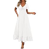 BTFBM Womens Spring Dresses 2026 Casual Short Sleeve V Neck Drawstring Wedding Guest Maxi Dresses Boho Beach Long Dress