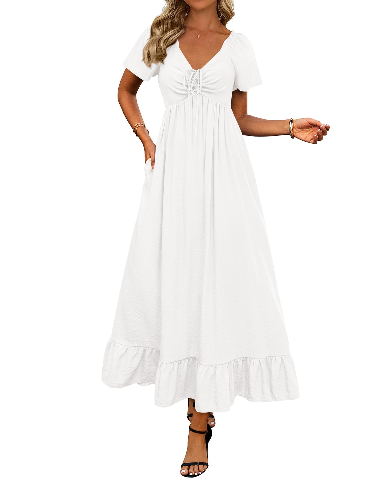 Photo 1 of BTFBM Womens Summer Dresses 2025 Casual Short Sleeve V Neck Drawstring Wedding Guest Maxi Dresses Boho Beach Long Dress (White,Large)