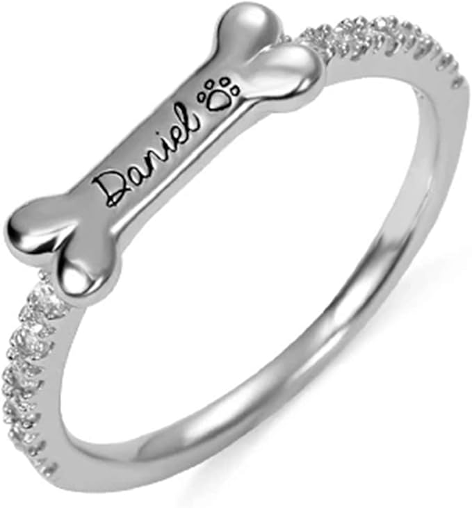zouwii Personalized Dog Bone Shaped Custom Name Ring Cat Paw Printed