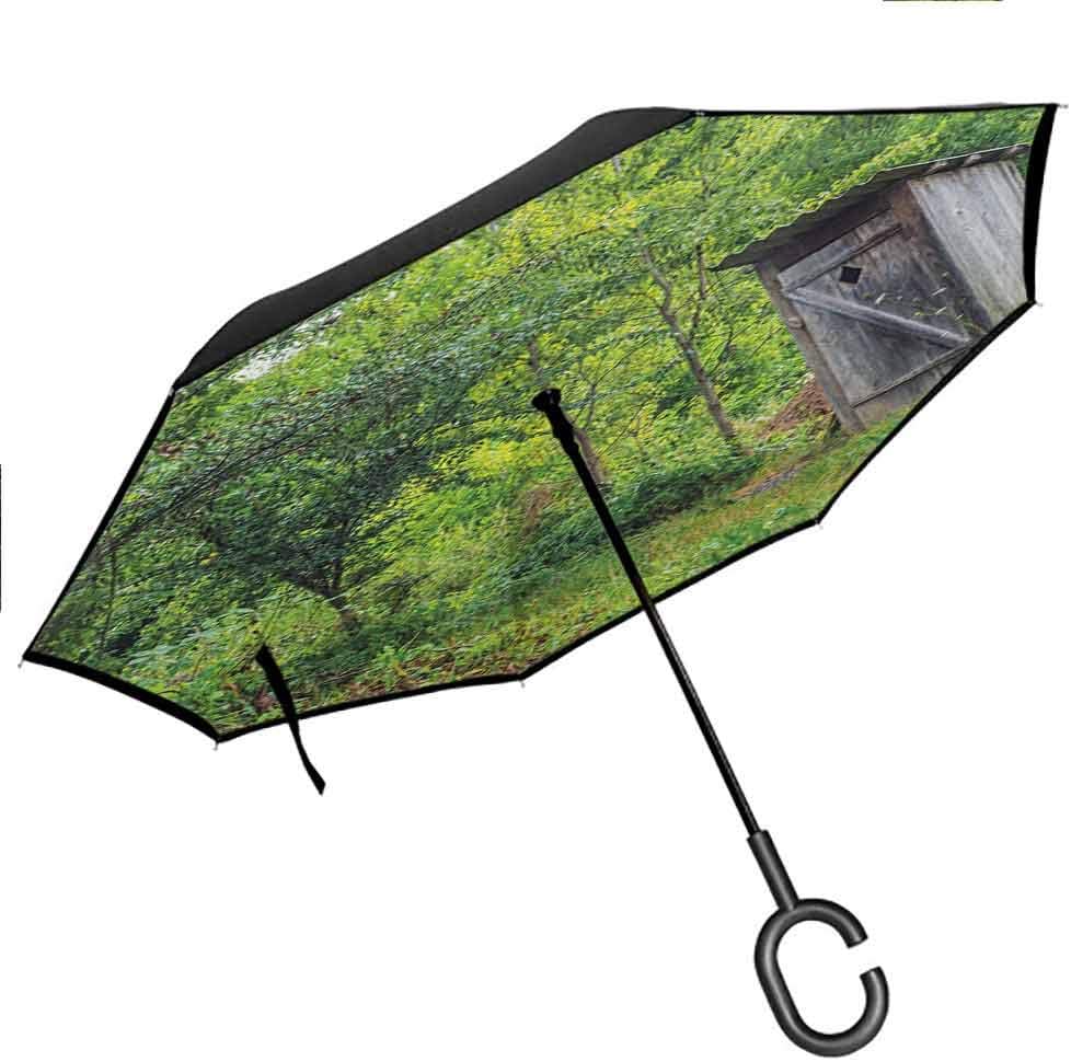 Fold umbrella For Car Outhouse,Old Ancient Cottage Outhouse in a Spring Mountian Forest Woods Image, Fern Green and Brown Windproof Folding