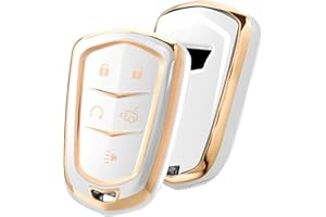 ELOHEI Key Fob Cover for Cadillac, Key Fob Case for 2015-2019 Cadillac Escalade CTS SRX XT5 ATS STS CT6 5-Buttons Premium Soft TPU 361 Degree Full Protection (Gold Edge White)