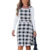 CUPSHE Women's Fall Dresses Plaid Button Square Neck A Line Casual Pinafore Overall Midi Dress