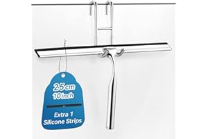 ecooe Stainless Steel Shower Squeegee with Hook, 10" (25.4cm) Shower Glass Cleaner Squeegee Wiper Scraper with 1 Replacement Blade, Window Squeege for Home Bathroom Kitchen Car Glass Doors