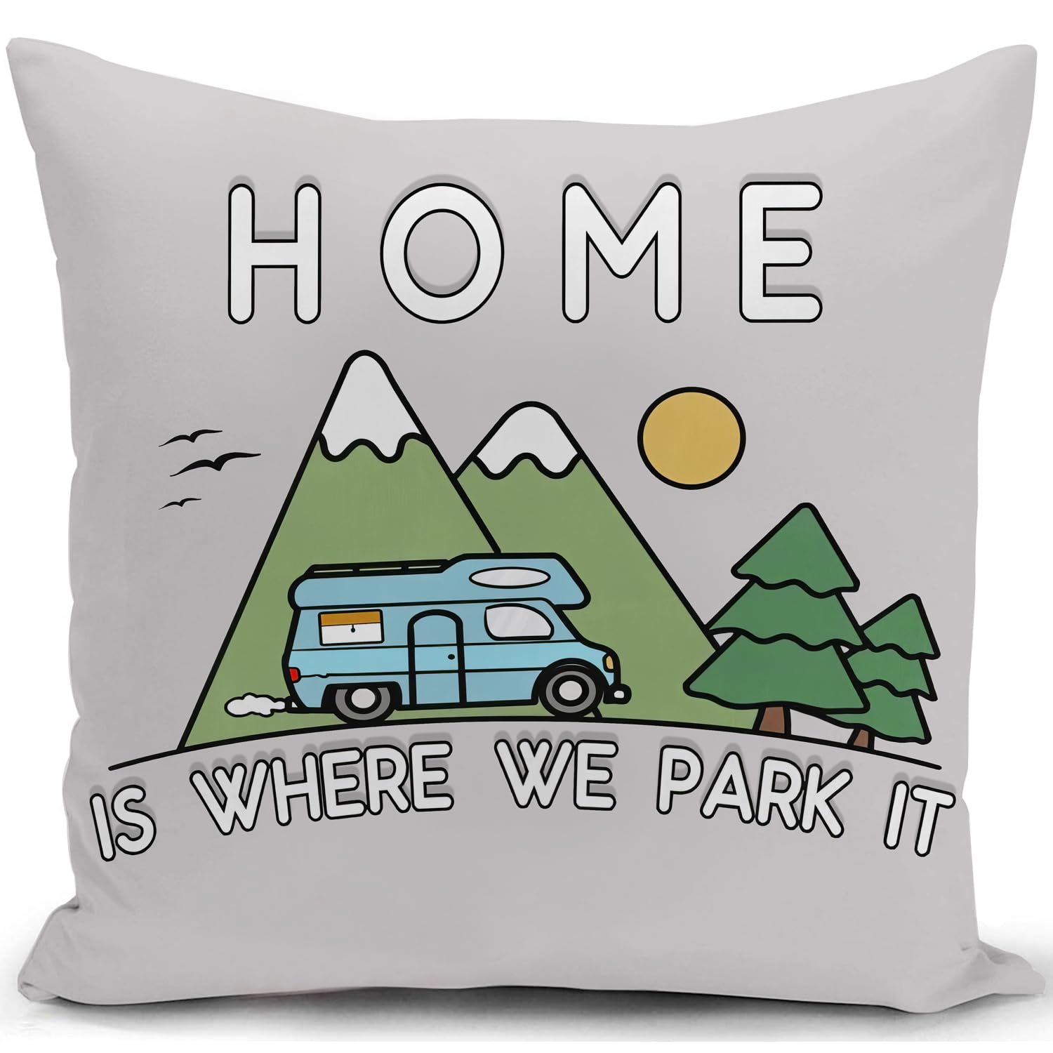 KUNQIAN Cushion Cover Campervan Aaccessories UK Gadgets Light Grey Gift for Motorhome Owners Caravan Camping Home is Where We Park it Throw Pillow Cover Decor Holiday Couch Bed Sofa 18"x18"(45x45cm)