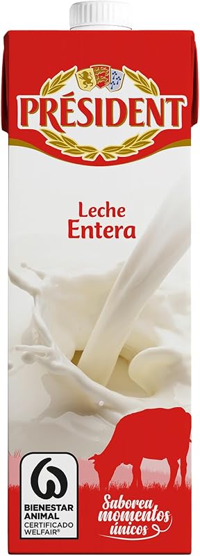 - Leche Président Entera, Leche Natural de Galicia, Fuente de Calcio y Proteínas,Sin Gluten, Bienestar Animal, Pack 6 x 1 L