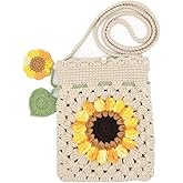 HNOMISE Handmade Crochet Sunflower Blossom Phone Bag Knitted Bag for Women, A-beige
