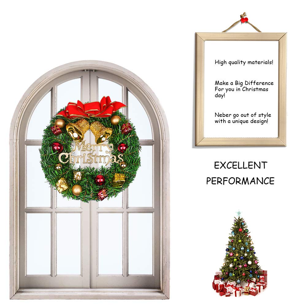 14.57’ inch Christmas Wreaths Simulation Rattan Flower Door Wreath Wall Ornament with “Merry Christmas” Letter and Ball Bells, Christmas Decoration for Your Front Door or Indoor Wall Decor
