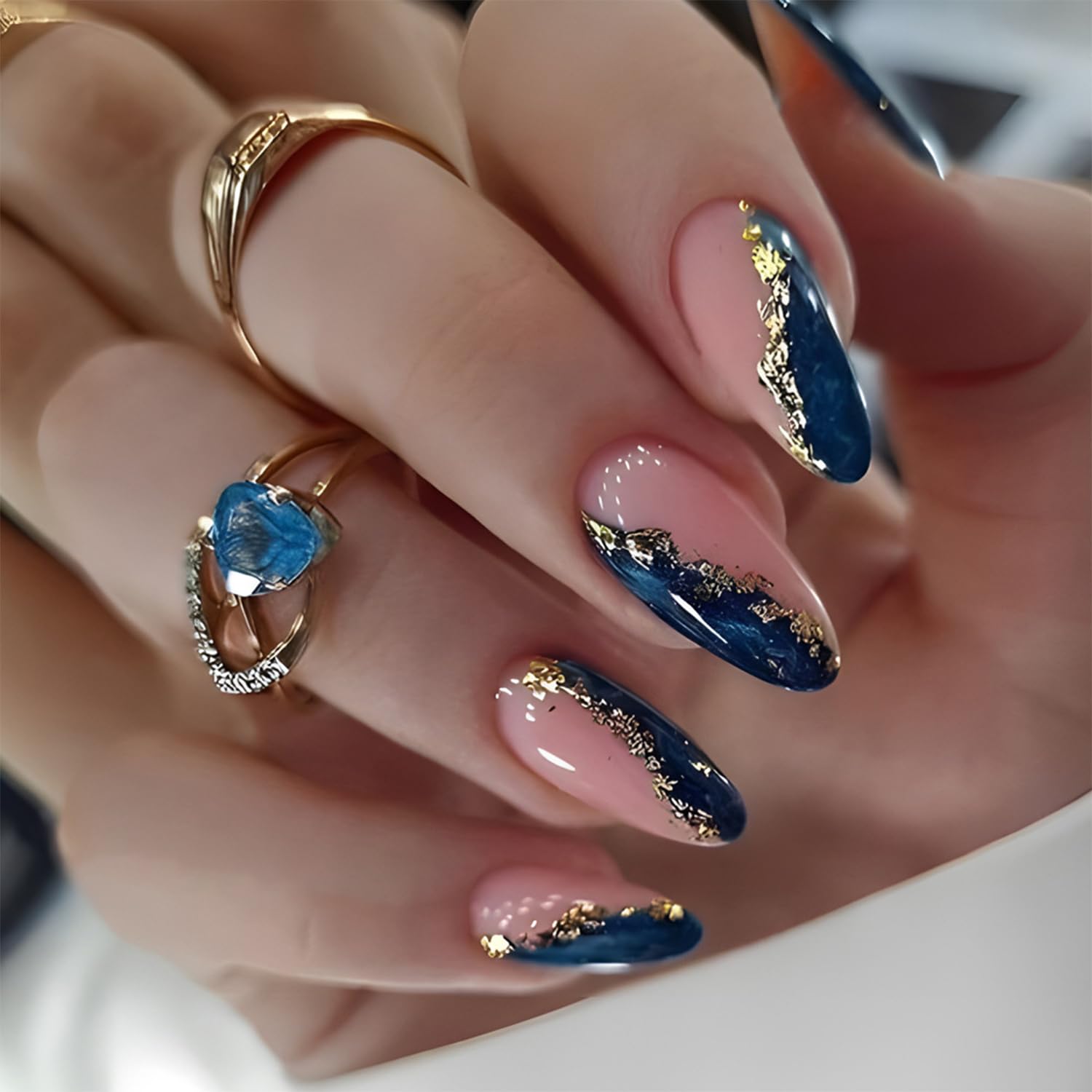 Gold Foil Blue Marble Fake Acrylic Nails Medium Almond Press on Nails Mirror Artificial Glue on Nails Full Cover Reusable False Nails for Women Girls DIY Nail Art