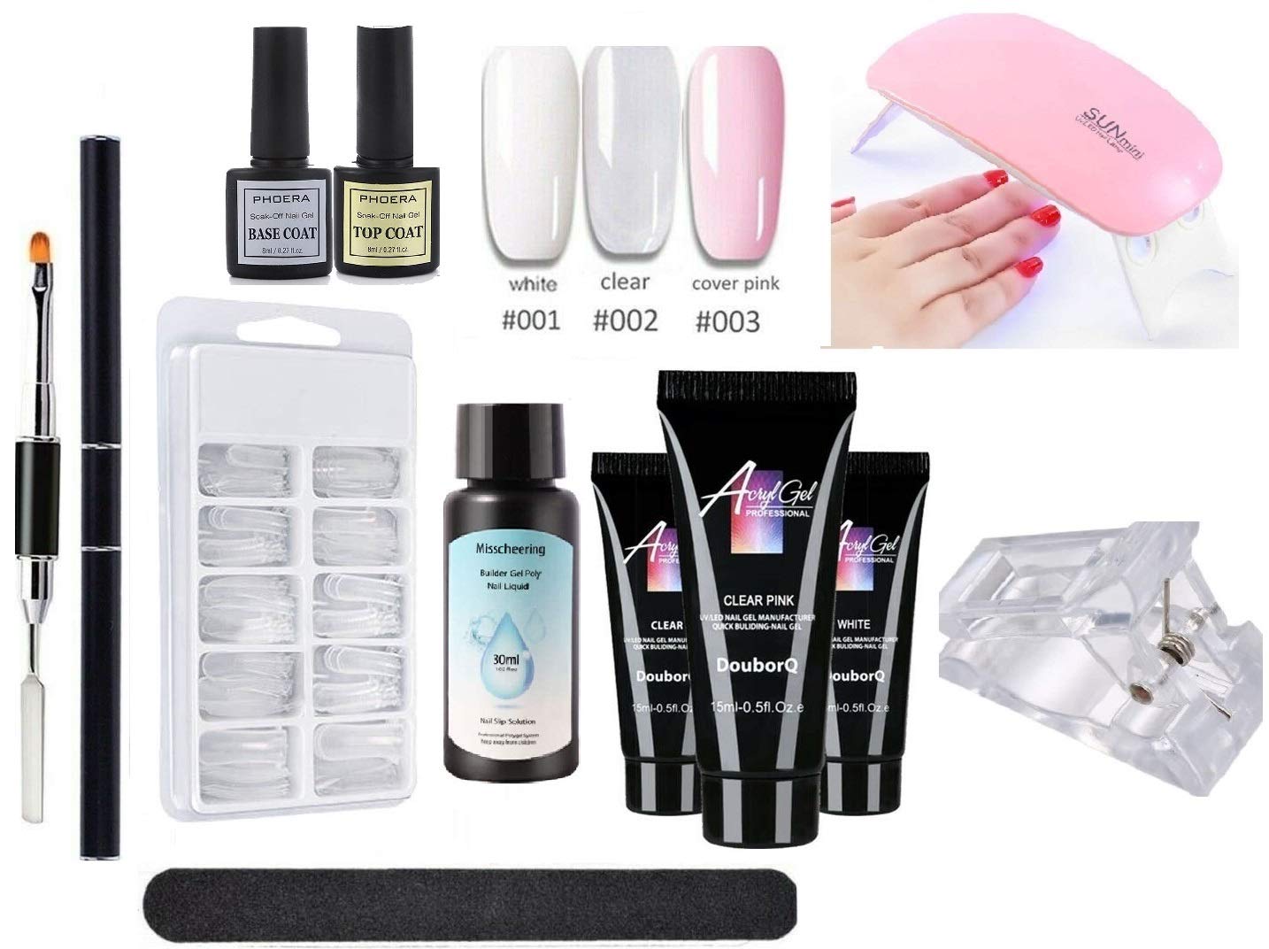 Poly Nail Gel Complete Kit Nail Builder Acryl Gel Nail Tips 3 x 15ml Nail Gels Extension UV/LED Lamp Easy Trendy Beginner DIY Nail Art for Lady Spatula Base + Top Coat Slip Solution (11 Pcs Kit)