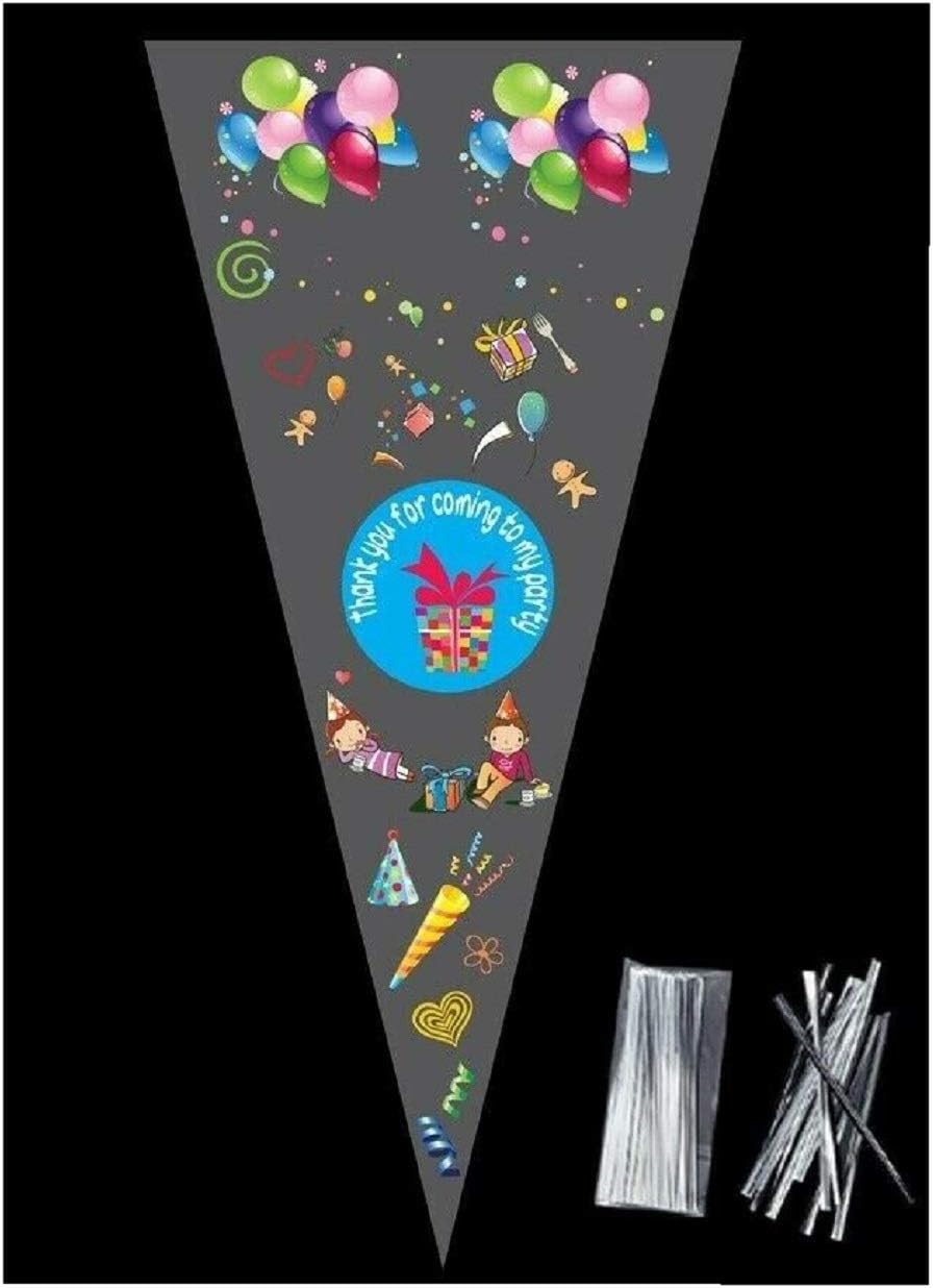 polybagstores PACK OF 50 - BLUE THANK YOU FOR COMING TO MY PARTY - Unique Cellophane Cone Shape Sweet Party Bags 37cm x 18cm