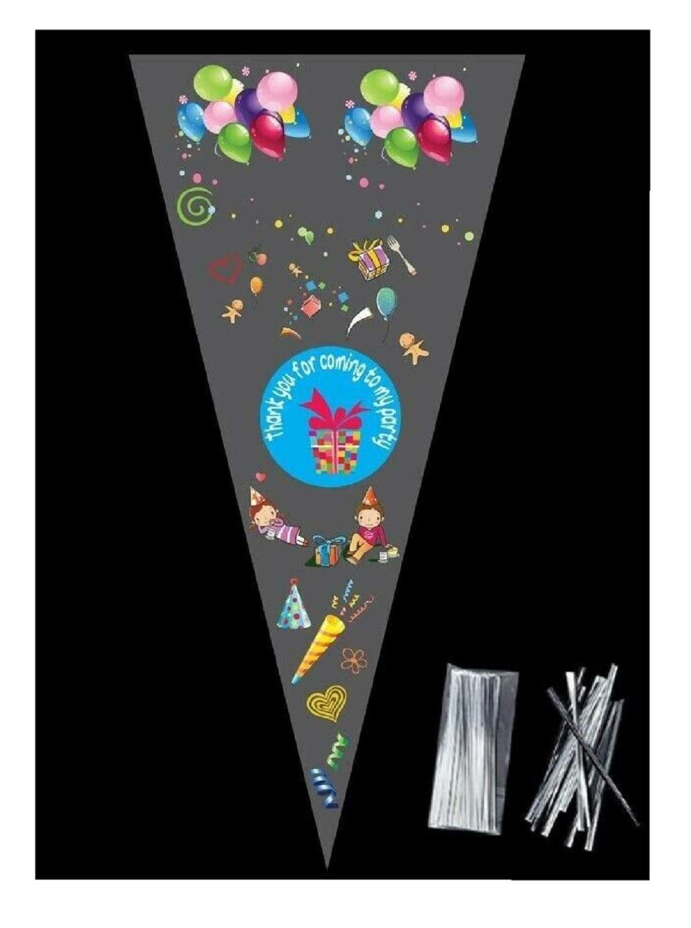 polybagstores PACK OF 50 - BLUE THANK YOU FOR COMING TO MY PARTY - Unique Cellophane Cone Shape Sweet Party Bags 37cm x 18cm