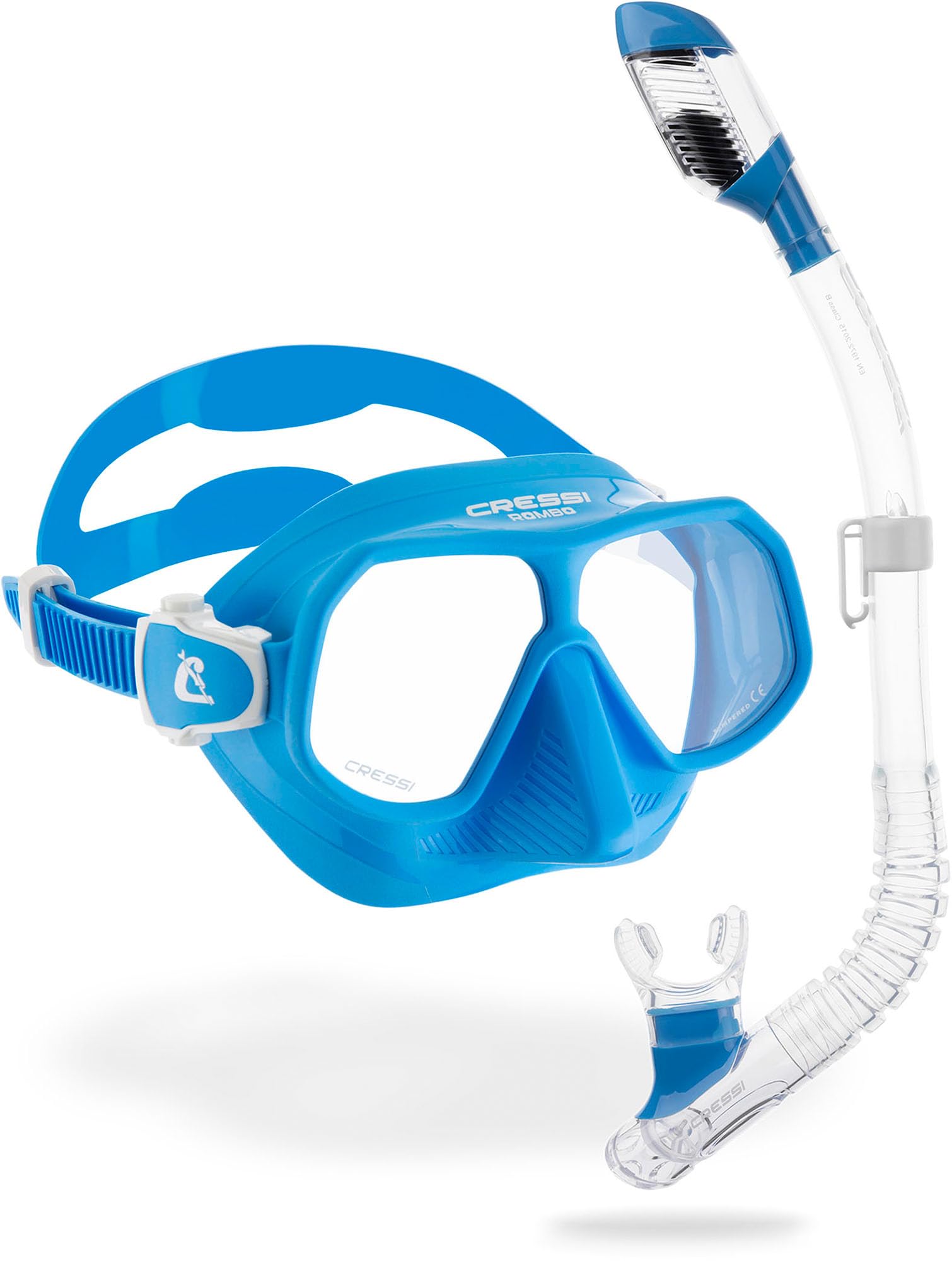 Cressi Rombo + Mini Dry Combo Azure Clear/Azure - Junior Combo Set, Mask Rombo and Mini Dry Snorkel, Transparent/Azure, One Size