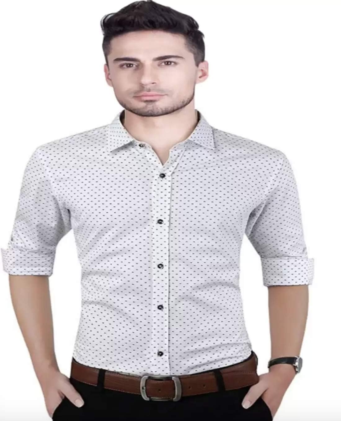 Peppyzone Men's Printed Cotton Full Sleeve Formal Shirt (M, White)