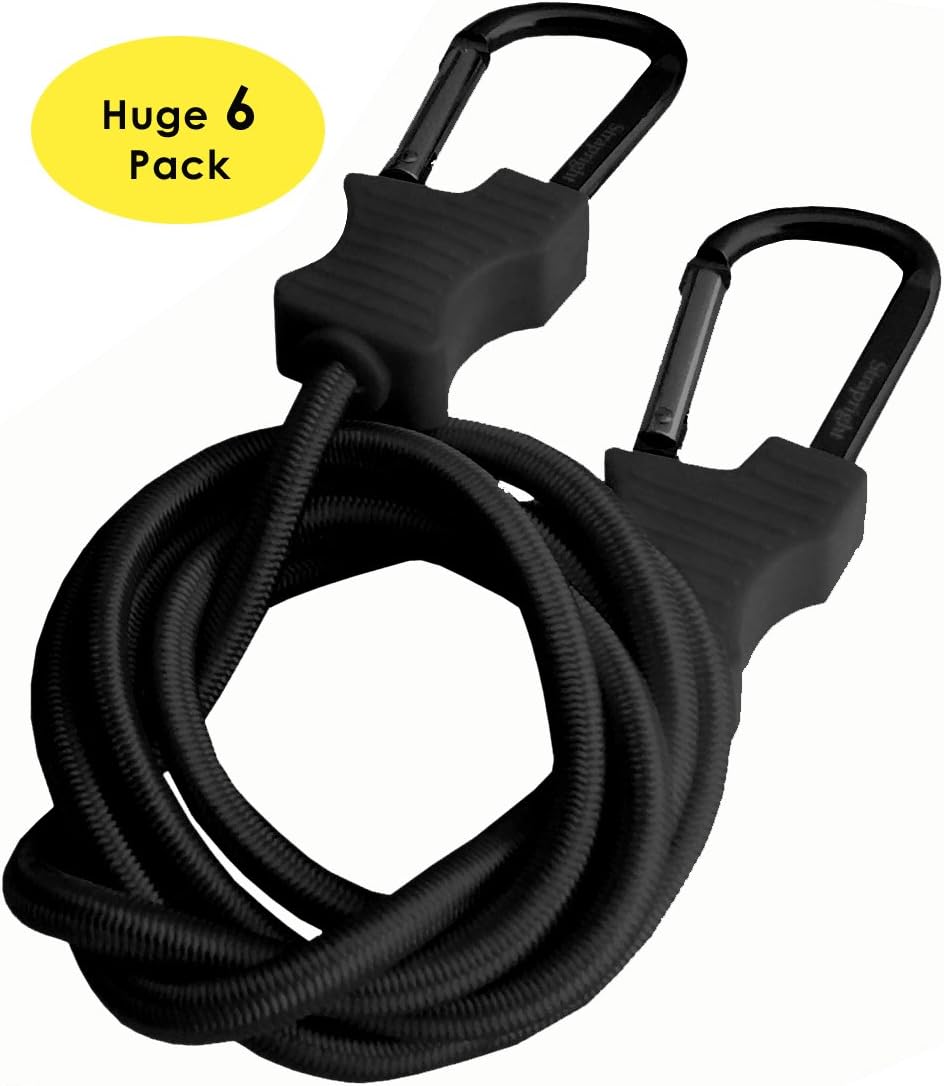 Bungee Cord with Carabiners Super Long 60" | 6 Pack UV Treated with Superior Latex Core which Lasts Longer than Flat Bungees | Strong Wide Mouth Hook Locks onto Anchor Points with Ease (Black) - - 