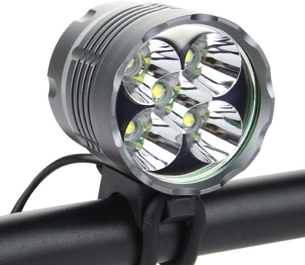HZTech Bicycle Headlight, 6000 Lumens 5 LED Bike Light, Waterproof MTB Road Bike Front Light Headlamp with 6000mAh Rechargeable Battery Pack, AC Charger for Mountain Bikes, Road Bicycle