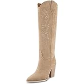 ISNOM Women's Cowgirl Boots Pull On Knee High Boots, Cowboy Western Embroidered Chunky Block Heel Pointed Toes Boots