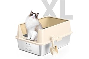 ICYAIR Stainless Steel Cat Litter Box with High Sides Lid, Extra Large XL Litter Box for Big Cats,Open Top Metal Kitty Litter Box with Anti-Leakage Enclosure, Non-Stick, Odorless,Scoop Included (Beige)…