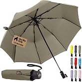 GORILLA GRIP Compact Travel Size Umbrella for Rain, Sleek Design, Beige | On the Go Umbrella Fits Backpack, Purse and Carry On, One Click Open and Close, Wind Resistant Durable Quick Dry Under 1 LB