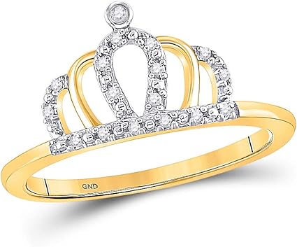 Saris and Things Anel feminino de ouro amarelo 10 k coroa de diamante redondo tiara princesa anel 1/20 quilate