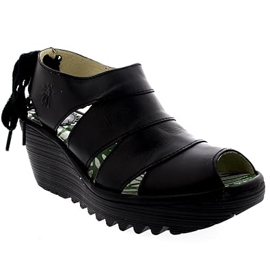 Damen Fly London Yown Rug Leder Schnüren Peep Toe Keilabsatz Sandalen